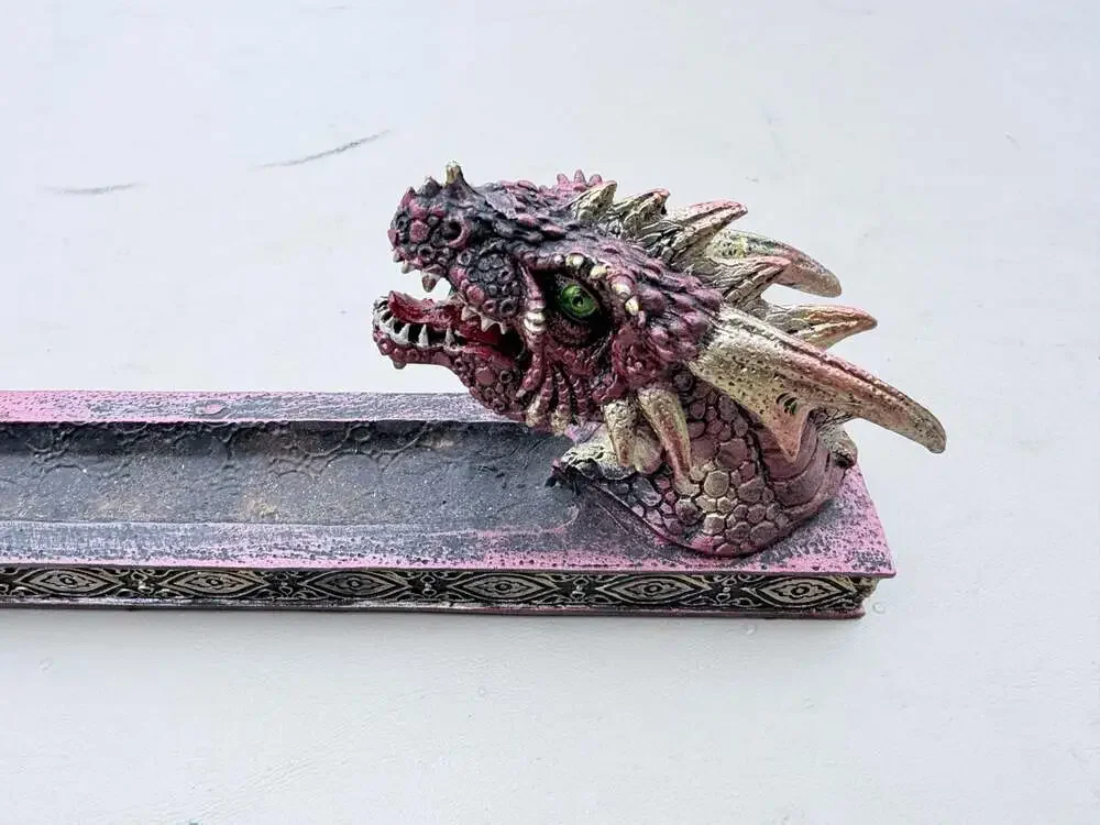 Red and Gold Dragon Head Resin Incense Burner Holder with Green Eyes